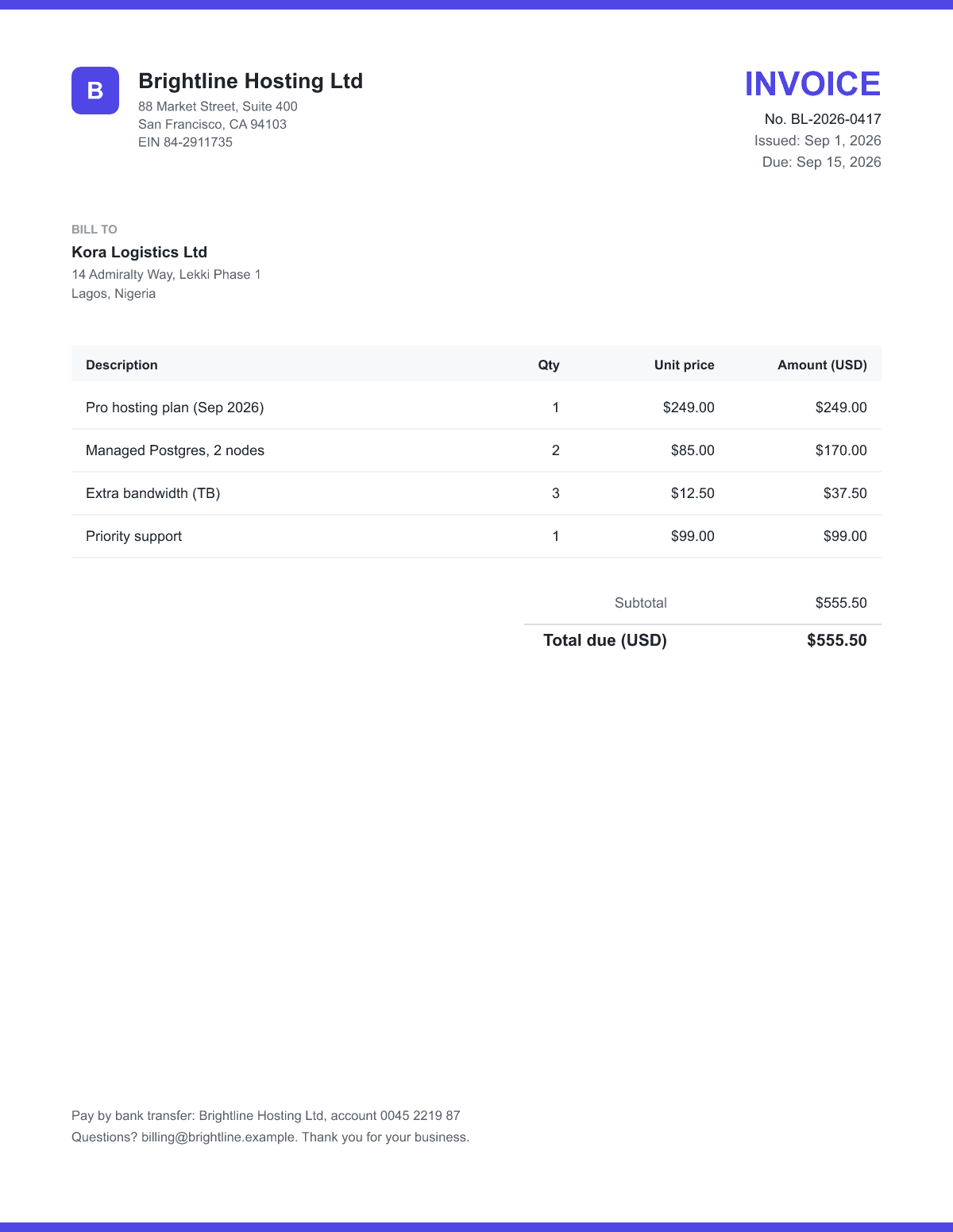 Sample saas invoice: Clean US invoice, USD